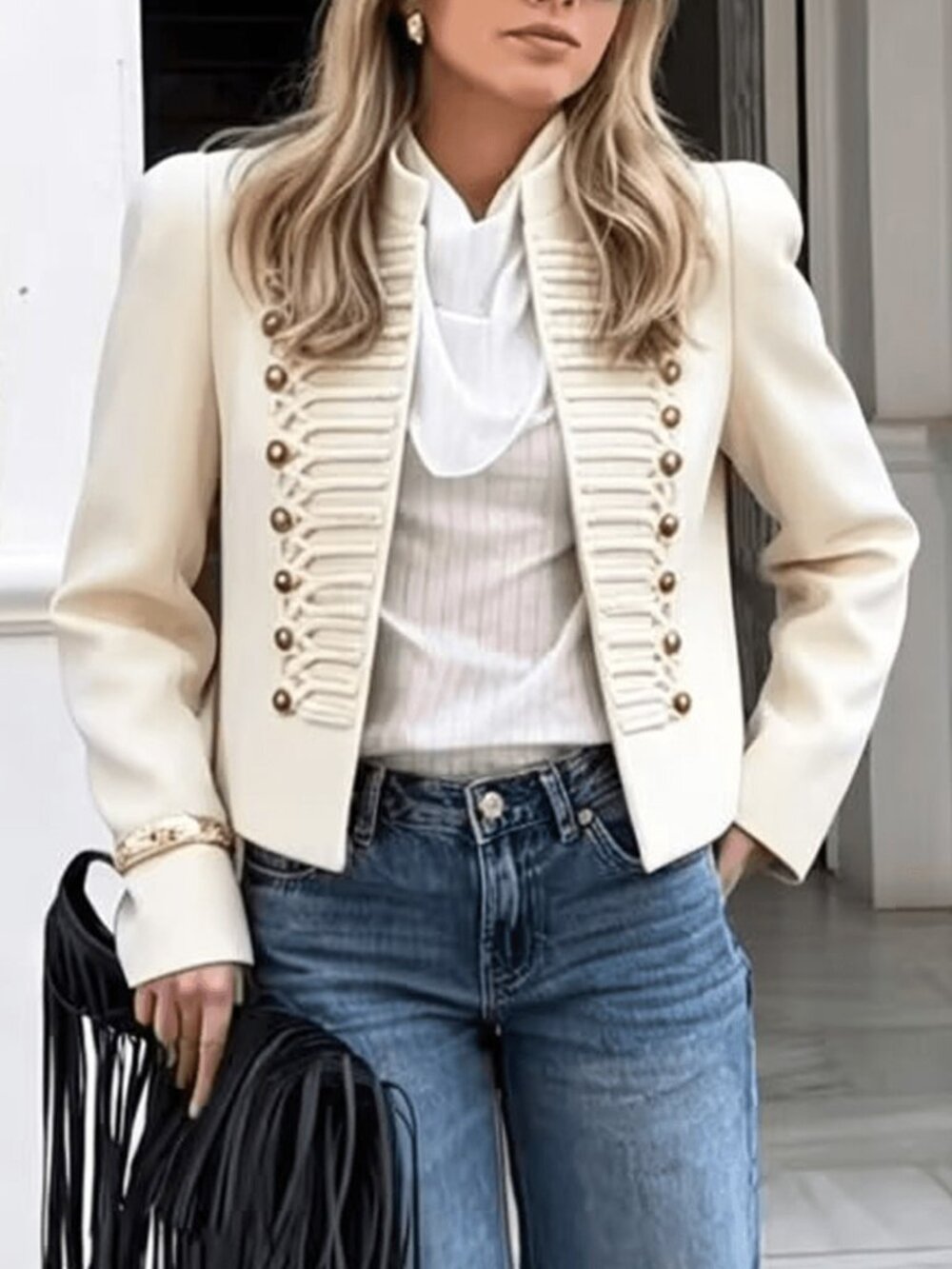 Beige Elegant Women's Exaggerated Shoulder and Faux Buttons Office Jacket
